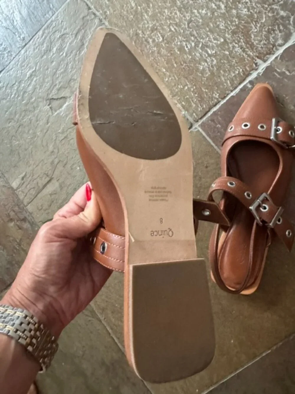 Quince Italian Leather Bold Buckle Slingback Flats in the cognac color size 8